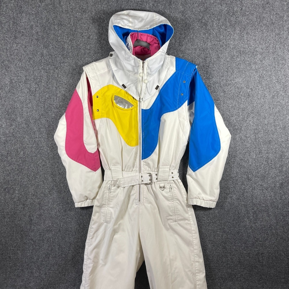 Vintage 80s 90s OBERMEYER Retro Multicolor Ski Suit Hooded Womens Size 4